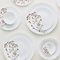 Larah by Borosil Red Bud Silk Series Opalware Dinner Set, 35 Pieces, White - White