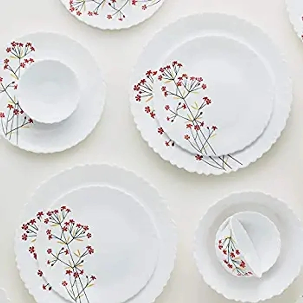 Larah by Borosil Red Bud Silk Series Opalware Dinner Set, 35 Pieces, White - White