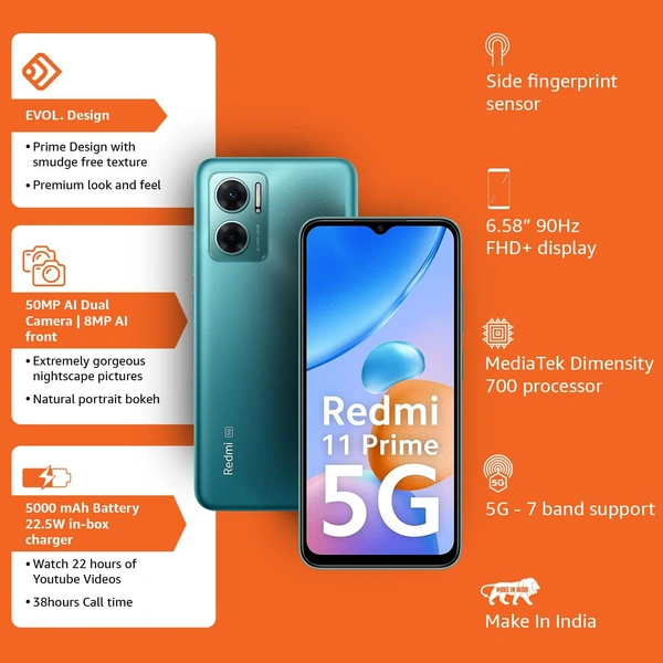 Redmi 11 Prime 5G (Meadow Green, 4GB RAM 64GB ROM) | Prime Design | MTK Dimensity 700 | 50 MP Dual Cam | 5000mAh | 7 Band 5G - Cornflower Blue
