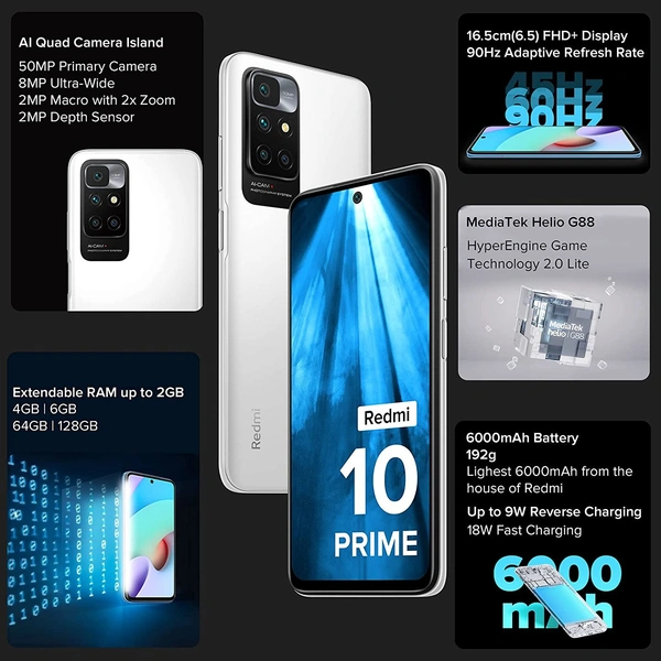 Redmi 10 Prime (Astral White 4GB RAM 64GB ROM |Helio G88 with extendable RAM Upto 2GB |FHD+ 90Hz Adaptive Sync Display - Alto