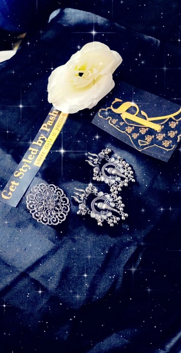 Shiv Motiff Silver Oxidized Traditional Earrings With Floral Patterned Oxidized Ring