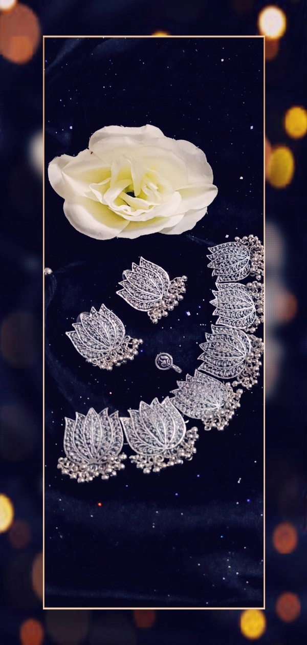 Lotus Inspired silver Oxidized Choker Necklace with Nose Pin