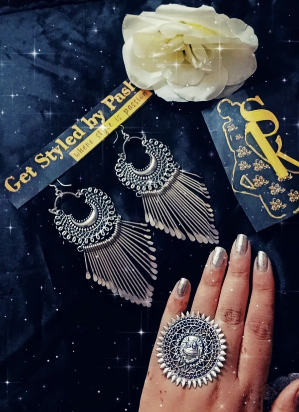 Silver Oxidized Antique Danglers With Ring