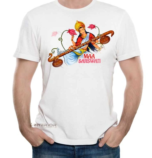 Maa Saraswati Printed T Shirts Also Available With Your Design - White, S