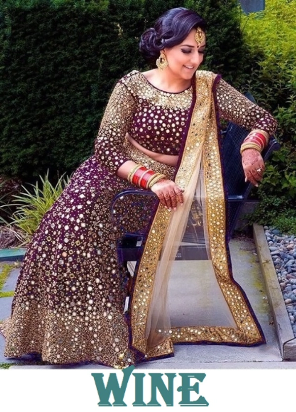 *BRIDAL WINE VELVET FULL HEAVY EMBROIDERY LEHENGA CHOLI SET WITH REAL MIRROR * - WINE