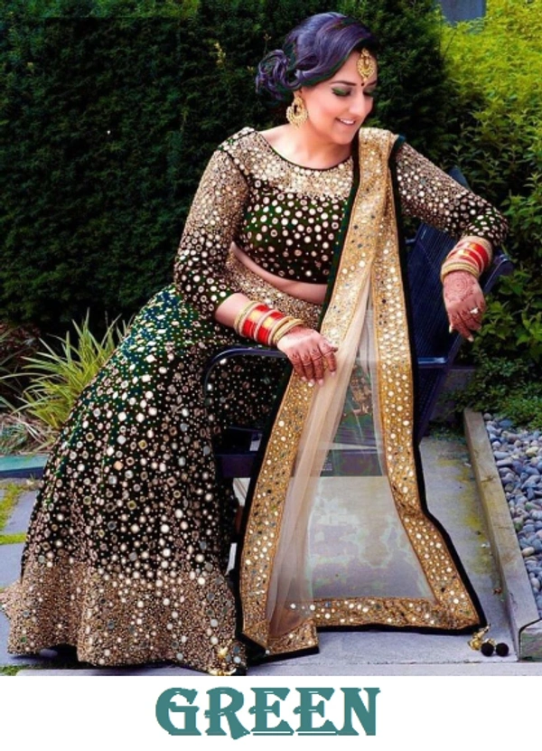 *BRIDAL WINE VELVET FULL HEAVY EMBROIDERY LEHENGA CHOLI SET WITH REAL MIRROR * - GREEN