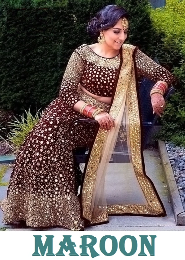 *BRIDAL WINE VELVET FULL HEAVY EMBROIDERY LEHENGA CHOLI SET WITH REAL MIRROR * - MAROON