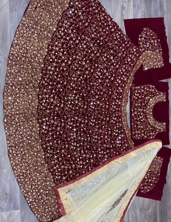 *BRIDAL WINE VELVET FULL HEAVY EMBROIDERY LEHENGA CHOLI SET WITH REAL MIRROR * - MAROON