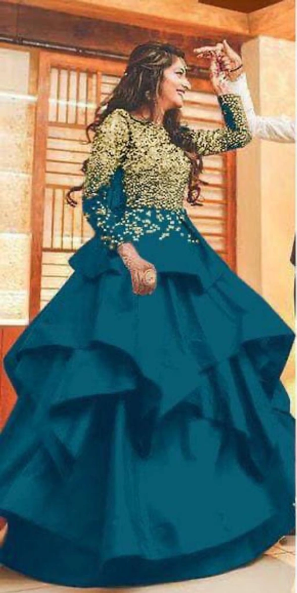 PARTY WEAR EMBROIDERY AND HAND WORK GOWN - Teal Blue