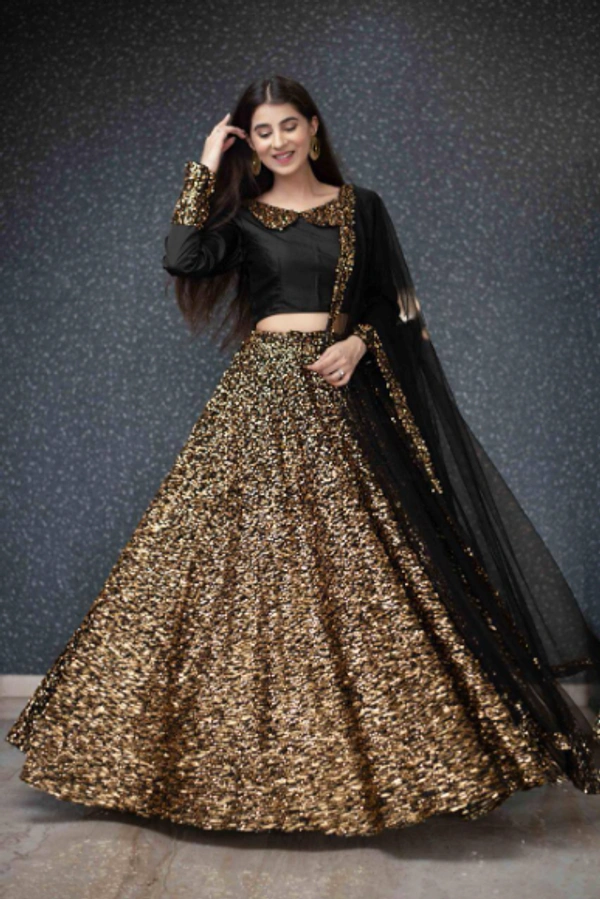 MARKET TRENDING HEAVY SEQUENCE LEHENGA ON VELVET CHOLI SET LAUNCH BY LEMBOGEE ADDED NEW COLOR MAKE UR STYLE DIFFERENT -  Gold   