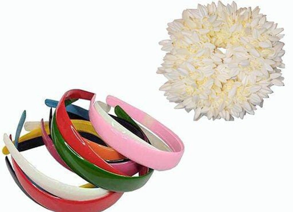 Plastic Hair Bands for Girls Set of 12 With Mogra Flower gajra Combo 