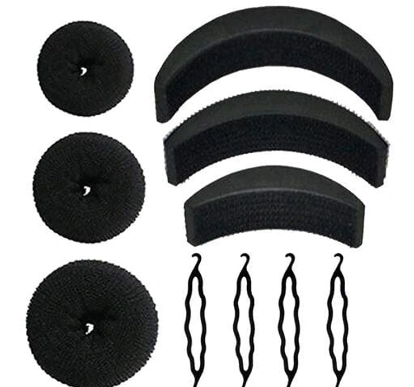 Homeoculture 4 Piece Juda Maker Accessories -3 Donuts, 3 Banana Clips, Styling Tools (Black) -Combo of 10 Pieces