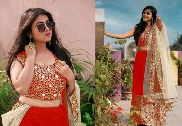 mirror work embroidery lehenga choli - Orange