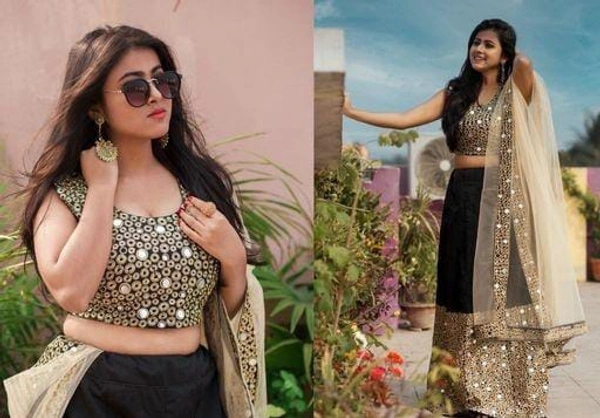 mirror work embroidery lehenga choli - Black