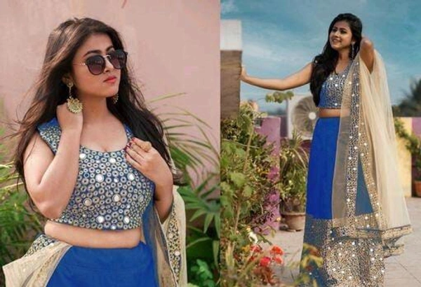 mirror work embroidery lehenga choli - Lighting Blue