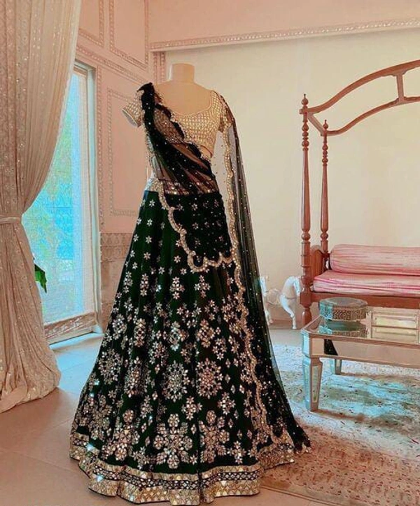 Green Designer Partywear Embroiderd Mirror Work Malay satin Materials lehenga - 