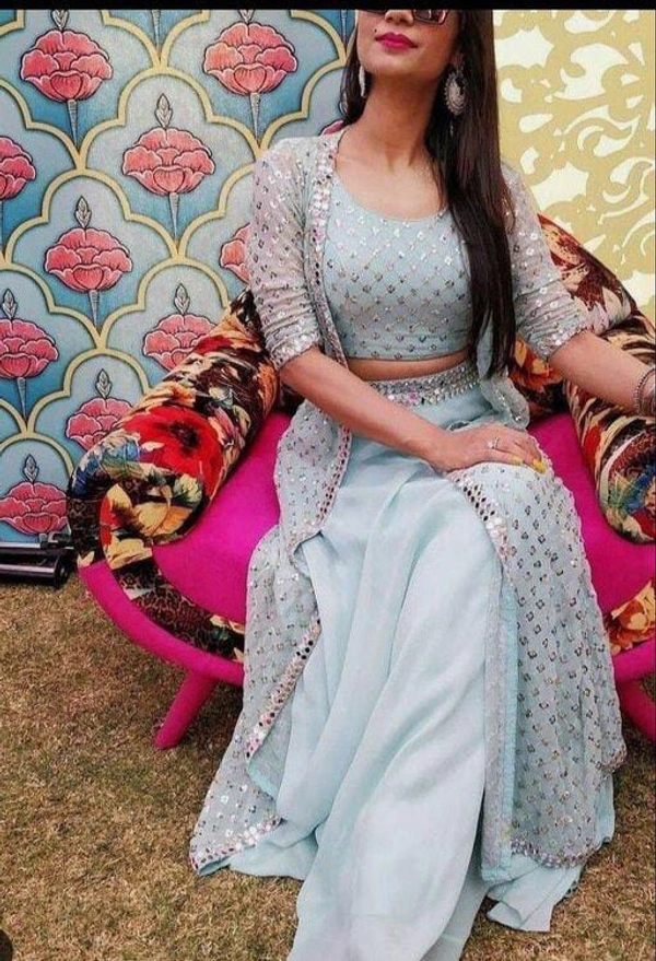 SilkVilla Enterprise Bollywood Designer Georgette Embroidery Foil Mirror Work Shrug And Blouse With Palin Lehenga For Women