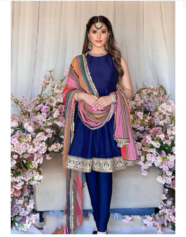Multicolour Dupatta With Full Set - BLUE
