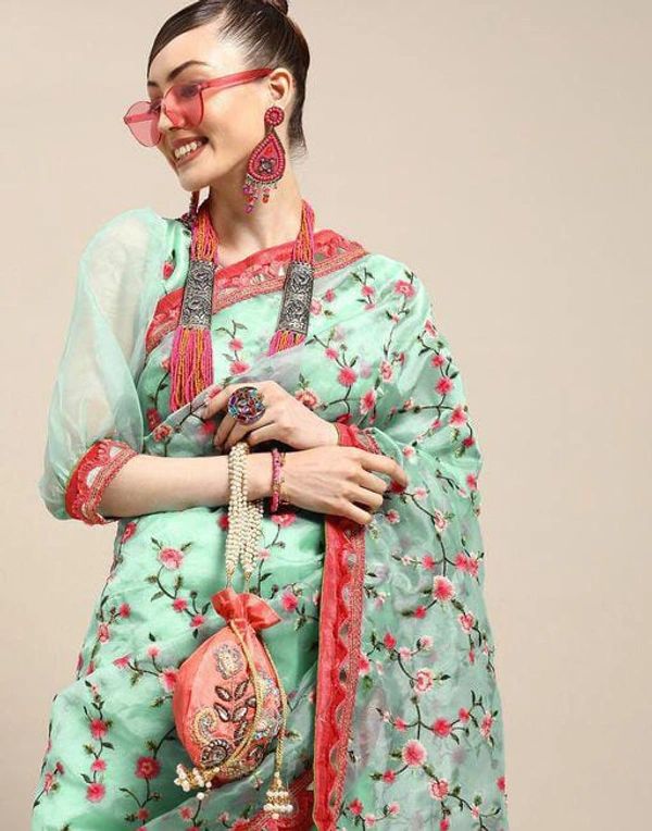 Turquoise Blue & Pink Floral Embroidered Organza Saree