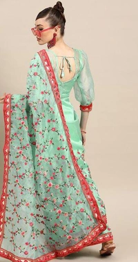 Turquoise Blue & Pink Floral Embroidered Organza Saree