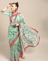 Turquoise Blue & Pink Floral Embroidered Organza Saree