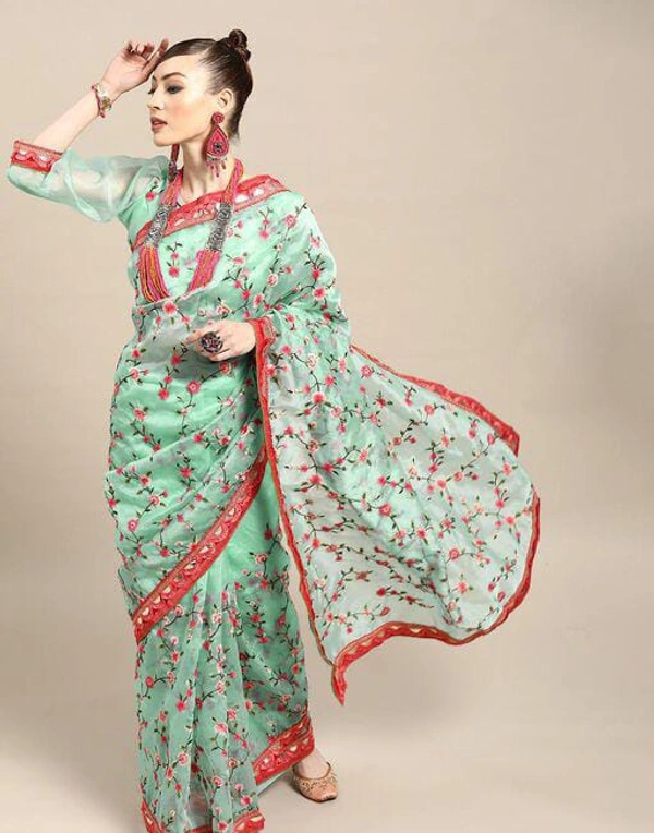 Turquoise Blue & Pink Floral Embroidered Organza Saree