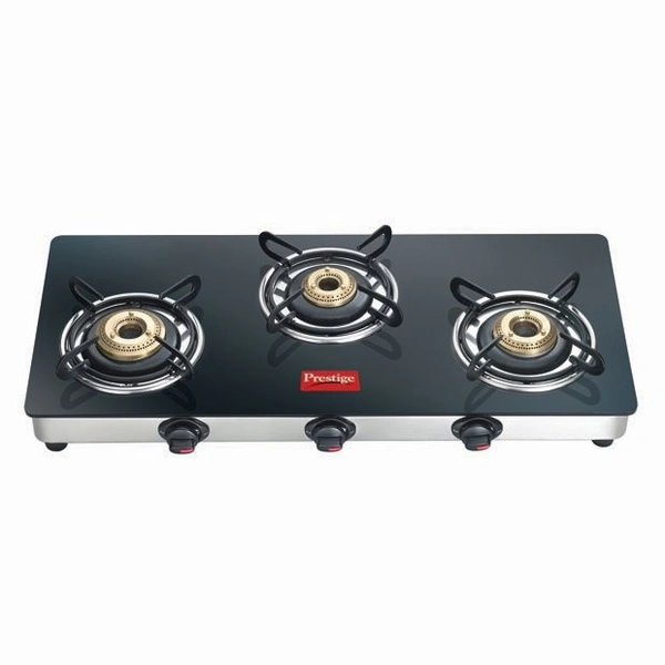 TTK Prestige Prestige Marvel Plus Glass Top 3 Burner Gas Stove, Manual Ignition, Black