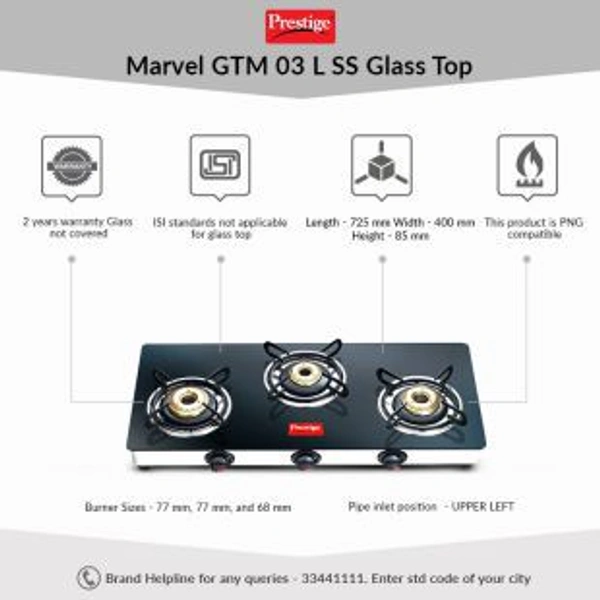 TTK Prestige Prestige Marvel Plus Glass Top 3 Burner Gas Stove, Manual Ignition, Black