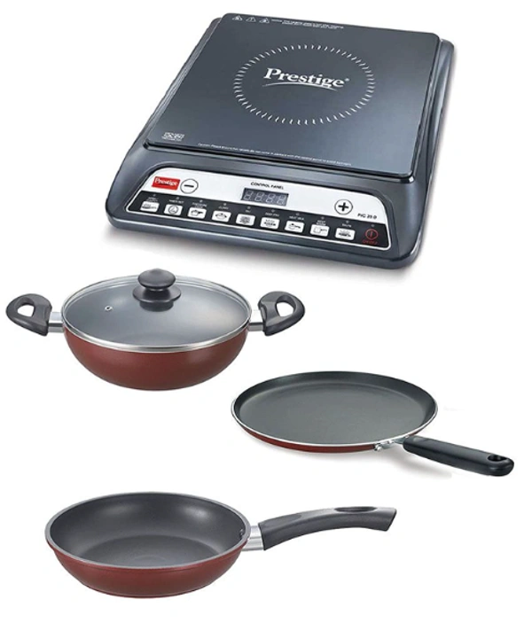 TTK PRESTIGE Prestige Induction Cooktop Pic 20.0 With Omega Deluxe Byk Set 3 Pc Set,Black