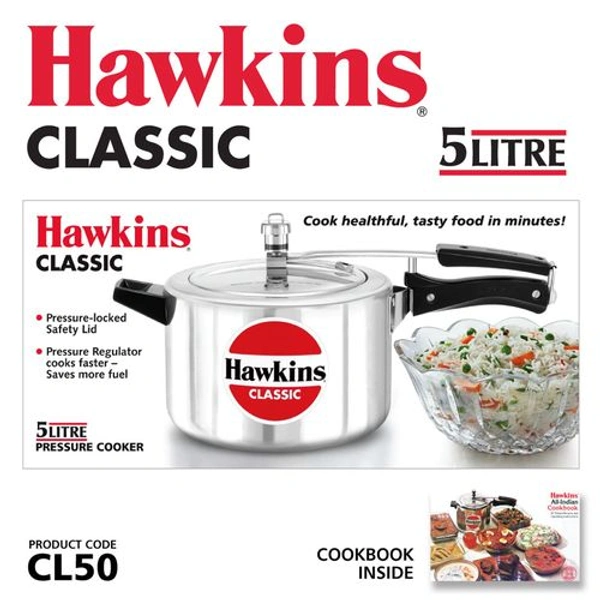 Hawkins Cooker Hawkins Classic Pressure Cooker, 5 Litre, Silver (CL50)