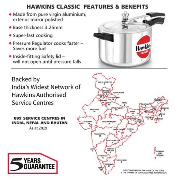 Hawkins Cooker Hawkins Classic Pressure Cooker, 5 Litre, Silver (CL50)