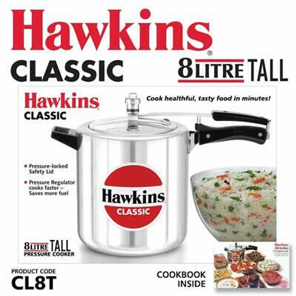 Hawkins Cooker Hawkins Classic Pressure Cooker (Tall), 8 Litre, Silver (CL8T)