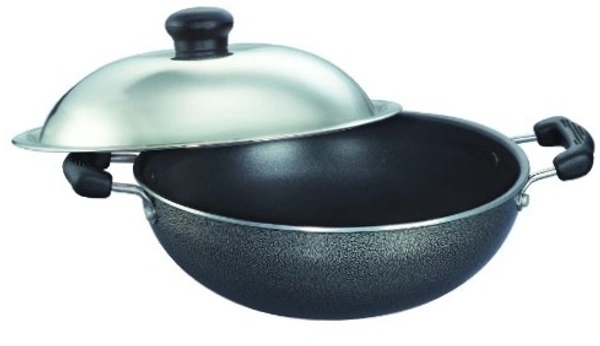 TTK PRESTIGE Prestige Omega Select Plus Non-Stick Flat Base Kadai with Lid, 20cm, 2.2 Litters, Black