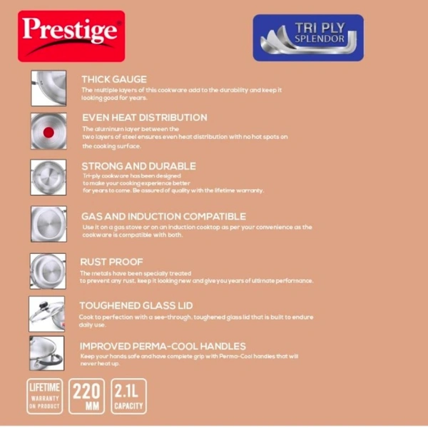 Ttk Prestige Tri Ply Splendor Kadai 220mm, 2.1 litres