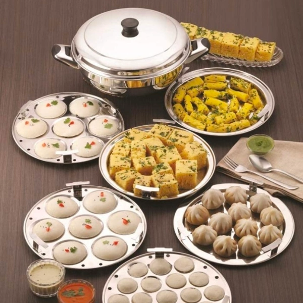 AK Empires Stainless Steel Multi Kadai With 2 Idle Plate,2 Dhokla Plate ,1 Patra Plate ,1 Mini Idle Plate