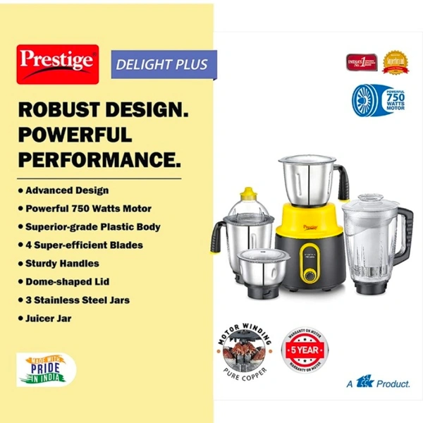 TTK Prestige  Delite Plus 4 Jar Mixer Grinder 750W - Colorful, Stylish and Powerful, ISI certified mixer grinder, Strong 750 watts motor4 super efficient