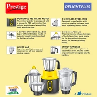 TTK Prestige  Delite Plus 4 Jar Mixer Grinder 750W - Colorful, Stylish and Powerful, ISI certified mixer grinder, Strong 750 watts motor4 super efficient