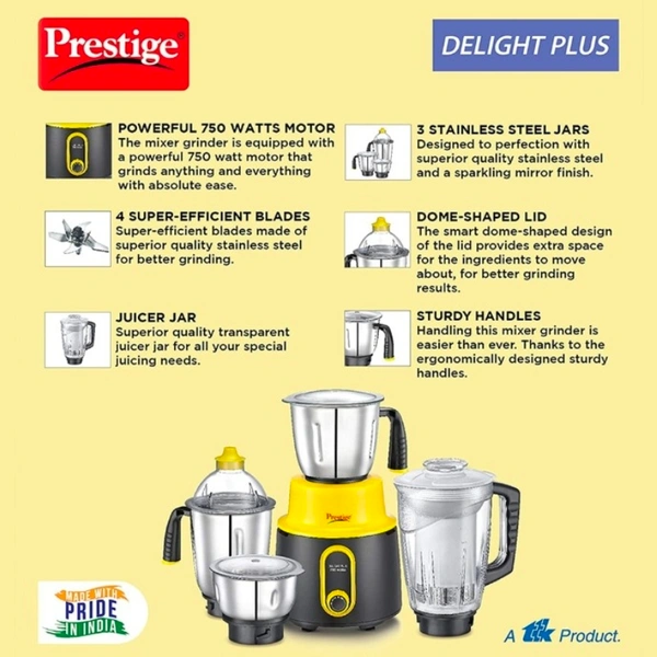 TTK Prestige  Delite Plus 4 Jar Mixer Grinder 750W - Colorful, Stylish and Powerful, ISI certified mixer grinder, Strong 750 watts motor4 super efficient