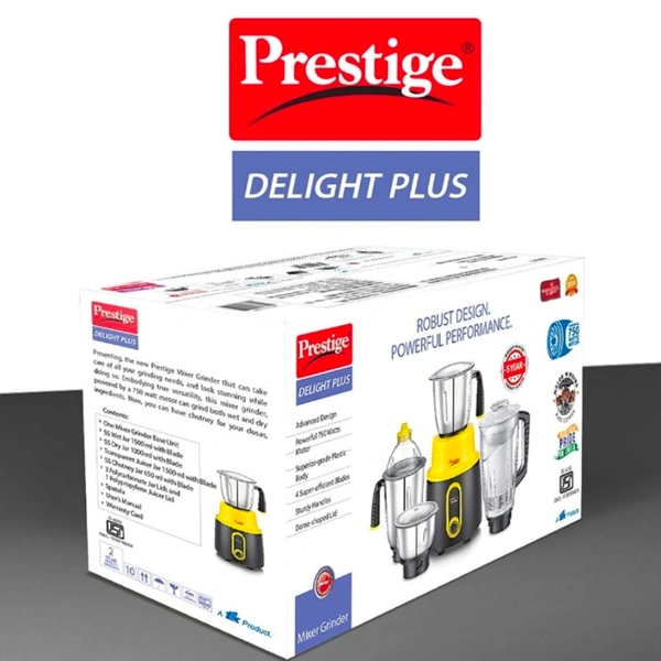 TTK Prestige  Delite Plus 4 Jar Mixer Grinder 750W - Colorful, Stylish and Powerful, ISI certified mixer grinder, Strong 750 watts motor4 super efficient