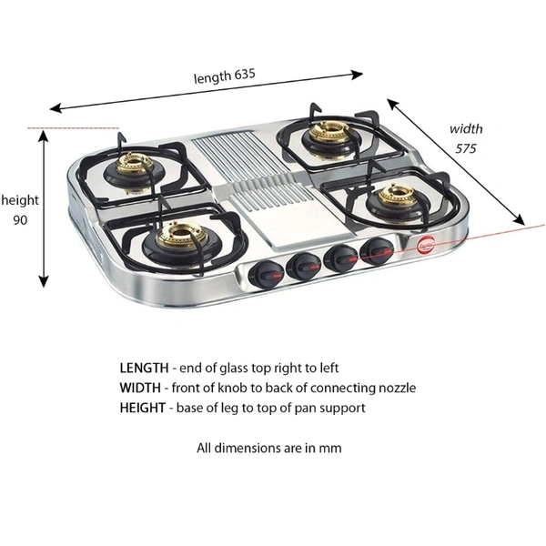 Ttk Prestige  DGS 04 Gas Stove - Individual pan supports and drawn stainless steel bodyHigh-efficiency brass burner