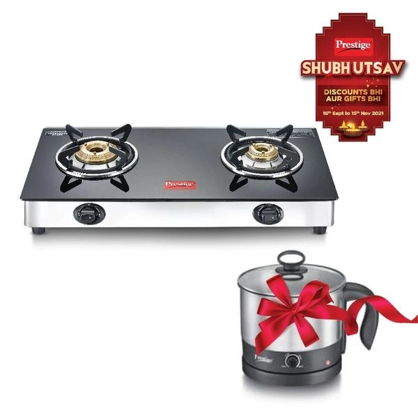 Ttk Prestige Marvel Plus Glass Top Gas Table- GTM 02 SS Get PMC 1.0 MULTI KETTLE FREE - Spill proof design.Ergonomically designed Knobs.High efficiency tri pin Burners.Elegant black toughe
