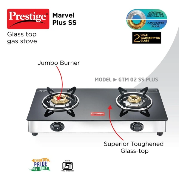 Ttk Prestige Marvel Plus Glass Top Gas Table- GTM 02 SS Get PMC 1.0 MULTI KETTLE FREE - Spill proof design.Ergonomically designed Knobs.High efficiency tri pin Burners.Elegant black toughe