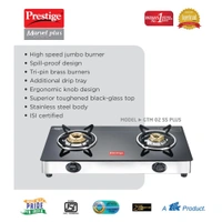 Ttk Prestige Marvel Plus Glass Top Gas Table- GTM 02 SS Get PMC 1.0 MULTI KETTLE FREE - Spill proof design.Ergonomically designed Knobs.High efficiency tri pin Burners.Elegant black toughe