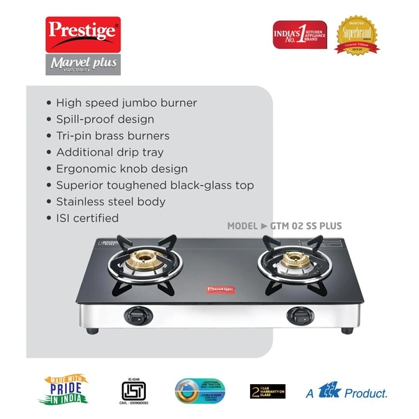 Ttk Prestige Marvel Plus Glass Top Gas Table- GTM 02 SS Get PMC 1.0 MULTI KETTLE FREE - Spill proof design.Ergonomically designed Knobs.High efficiency tri pin Burners.Elegant black toughe