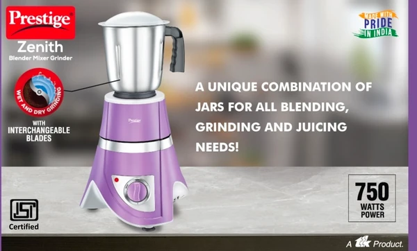 Ttk Prestige Zenith 750W Blender Mixer Grinder  - Ergonomic and stylish jar handles for convenient and comfortable grip4 multi purpose blades–  Dry SS