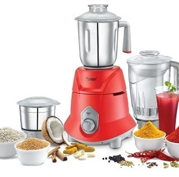 Prestige Supra 750W Mixer Grinder- Red - 2 SS Jars for all your grinding needs with 1 Polycarbonate juicer jar4 multi purpose blades - SS Dry