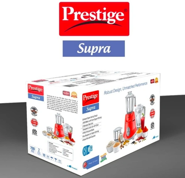 Prestige Supra 750W Mixer Grinder- Red - 2 SS Jars for all your grinding needs with 1 Polycarbonate juicer jar4 multi purpose blades - SS Dry
