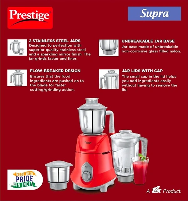 Prestige Supra 750W Mixer Grinder- Red - 2 SS Jars for all your grinding needs with 1 Polycarbonate juicer jar4 multi purpose blades - SS Dry