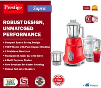 Prestige Supra 750W Mixer Grinder- Red - 2 SS Jars for all your grinding needs with 1 Polycarbonate juicer jar4 multi purpose blades - SS Dry