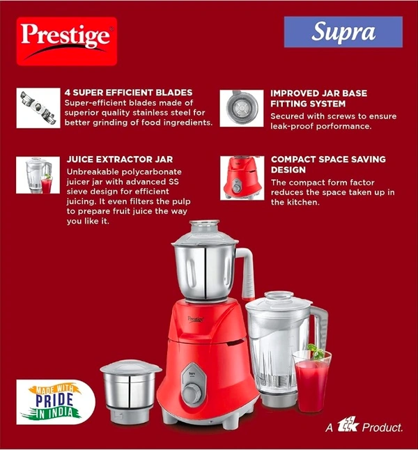 Prestige Supra 750W Mixer Grinder- Red - 2 SS Jars for all your grinding needs with 1 Polycarbonate juicer jar4 multi purpose blades - SS Dry